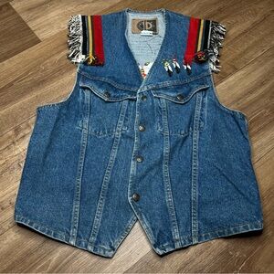 Women’s Vintage Intenational Denim Vest Feathers Embroidery Size Medium Blue